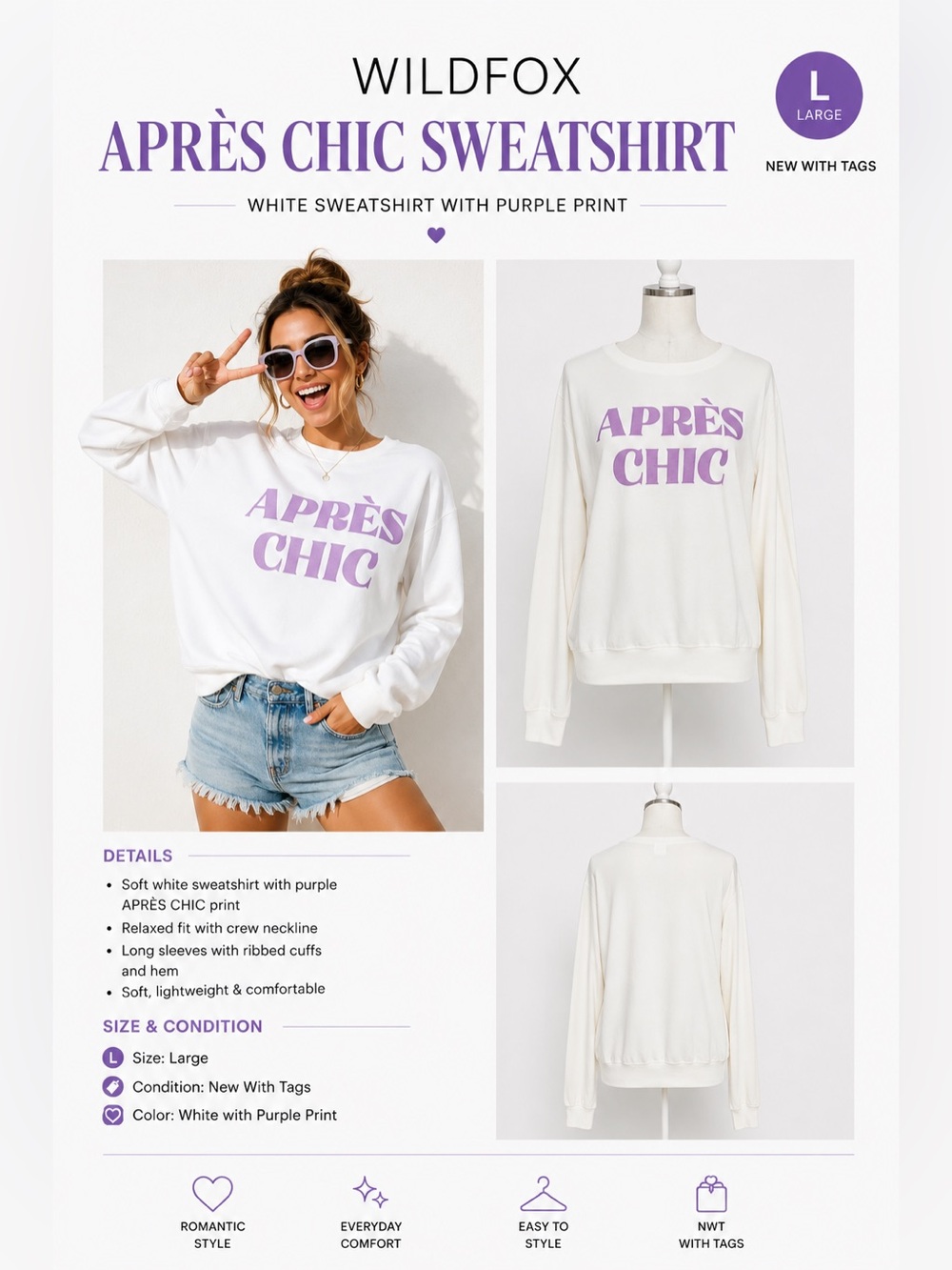 Wildfox White Sweatshirt with Purple APRES CHIC Print NWT Large